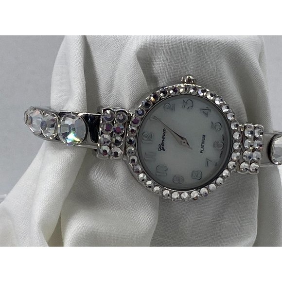 Lady's Watch Silver Toned Clear Rhinestones Geneva Platinum #8032 Stainless Stee - Picture 1 of 11